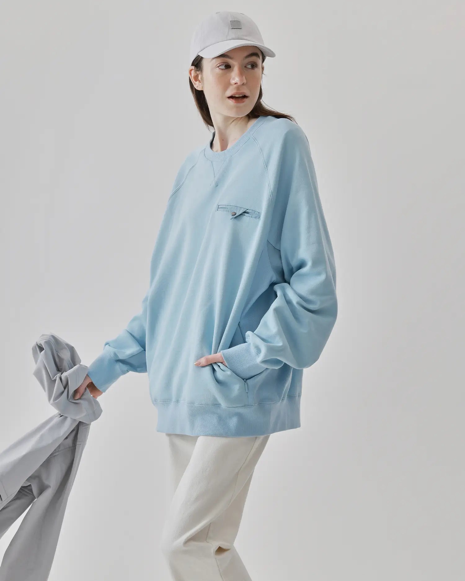 Women's Mixed Fabric Crew Sweatshirt in Light Blue 05 #light-blue