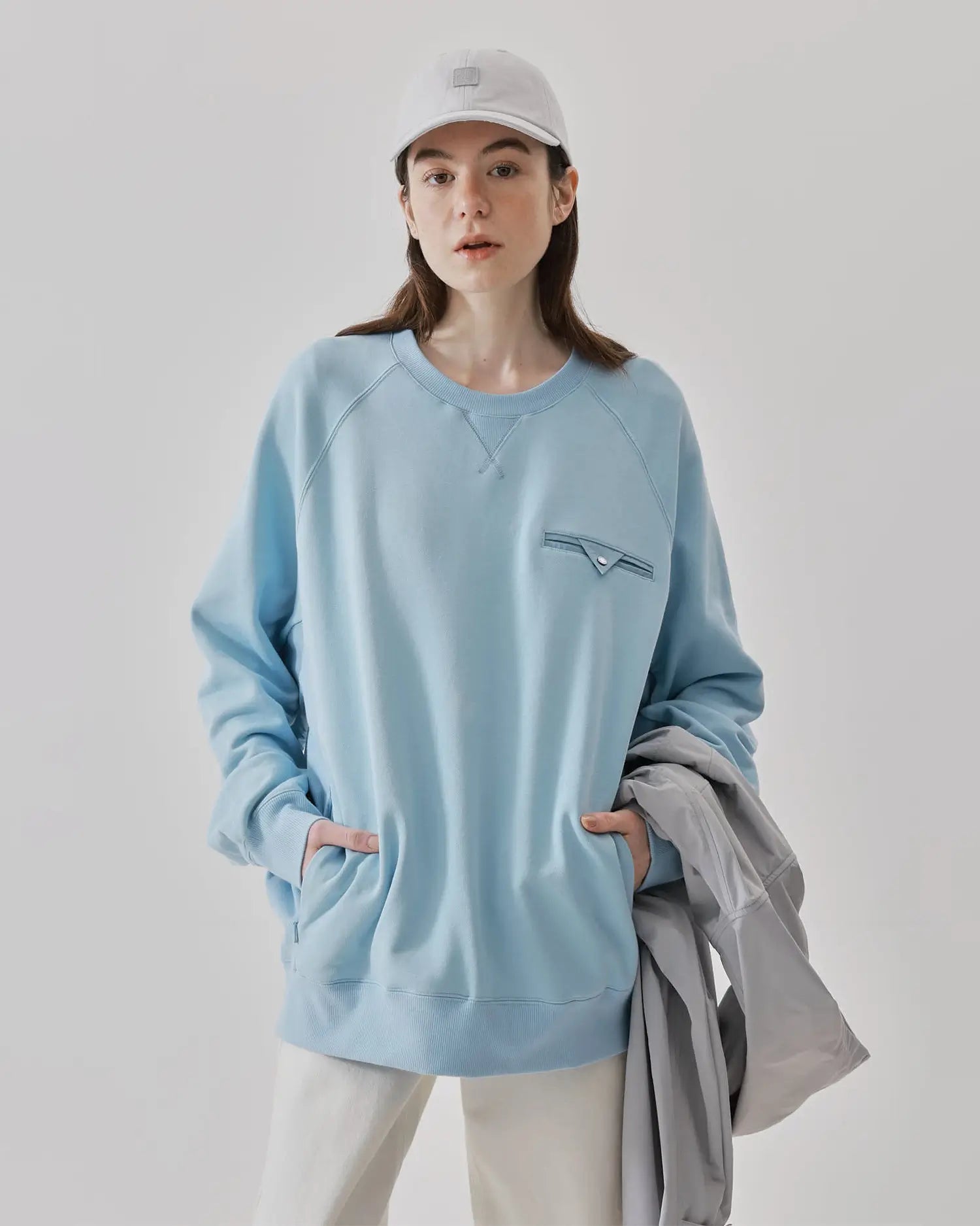 Women's Mixed Fabric Crew Sweatshirt in Light Blue 03 #light-blue