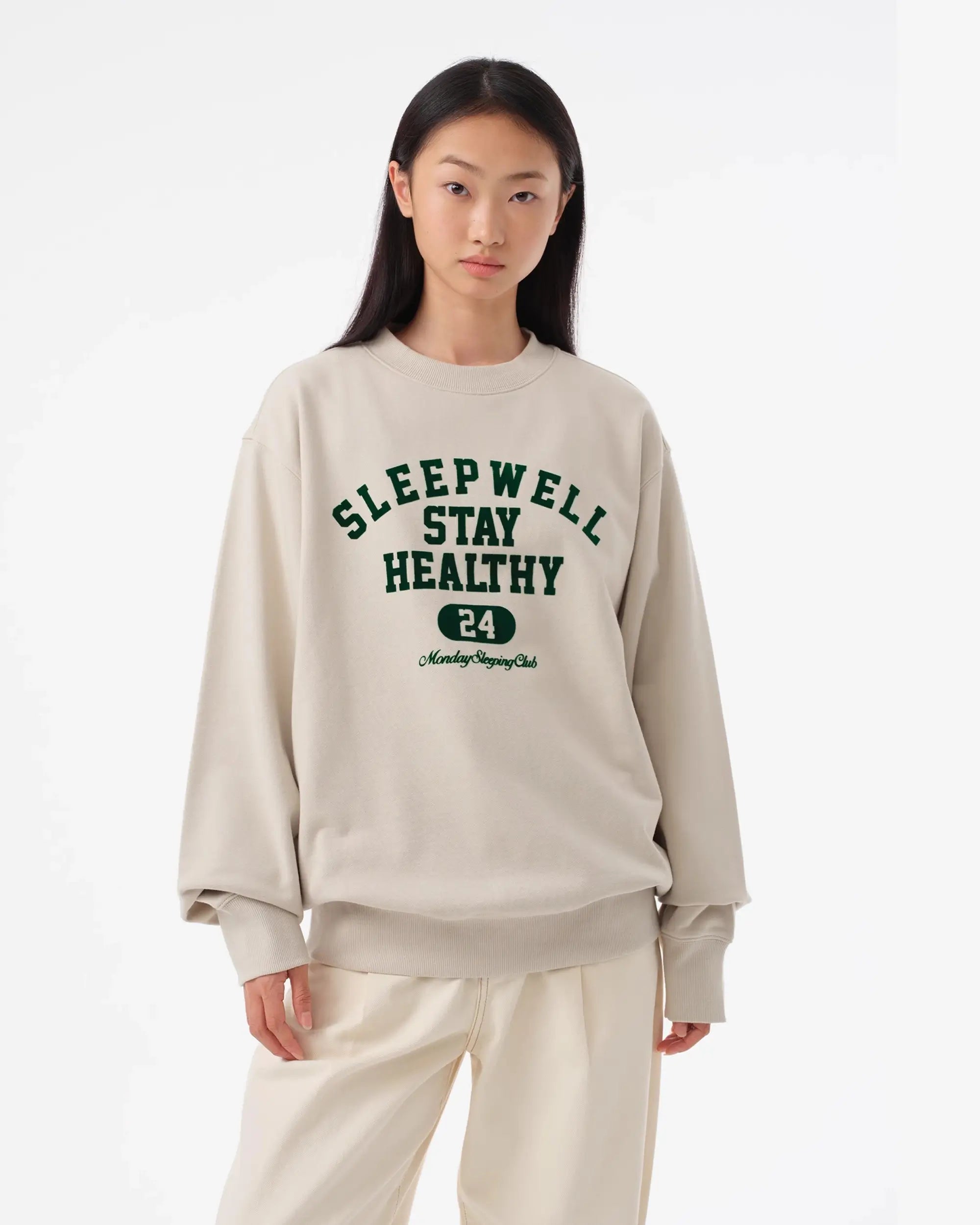 Monday Sleeping Club Sleep Varsity Font Flocked Print Logo Crew Neck Sweater