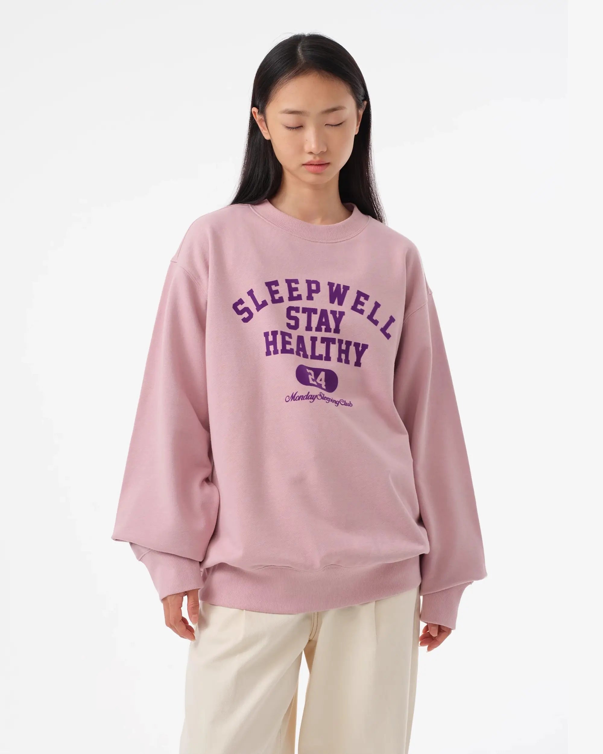 Monday Sleeping Club Sleep Varsity Font Flocked Print Logo Crew Neck Sweater