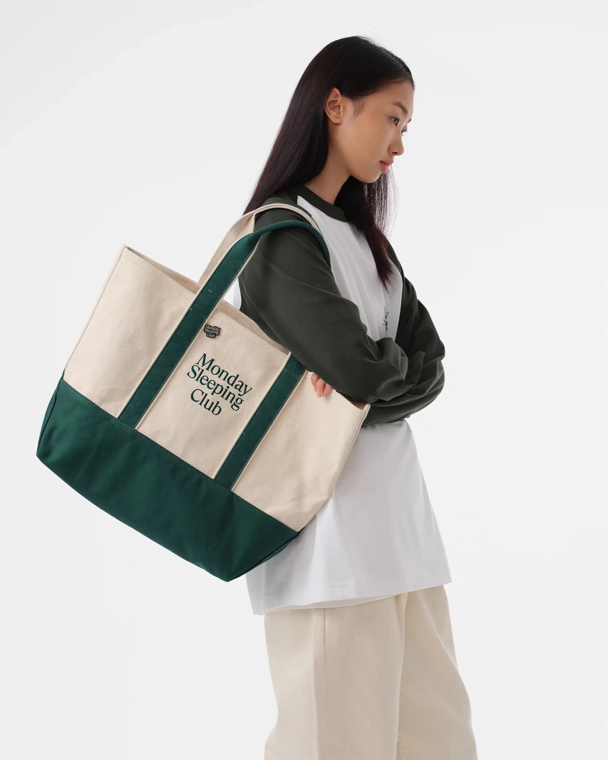 Monday Sleeping Club Standard Font Logo Embroidered Color Block Canvas Tote Bag