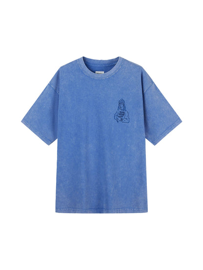 Monday Sleeping Club Dream Smile Blue Wash Print Short Sleeve T-Shirt